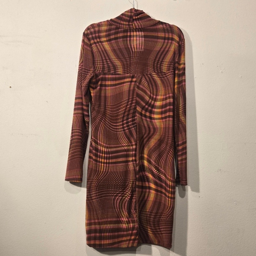 Circus NY Mesh Mini Dress Womens XL High Neck Psychedelic Plaid Brown Pink Tan